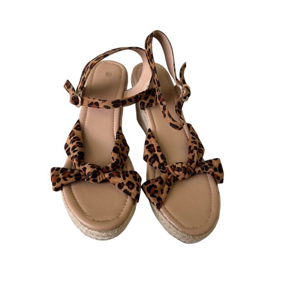 Leopard Print Wedge Sandals Women’s 8.5 Espadrille Platform Bow Strappy Shoes - Picture 3 of 10